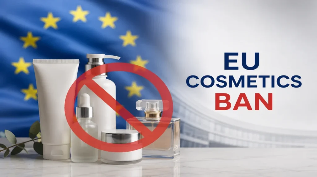 A Collection Of White Cosmetic Products Including A Tube, Pump Bottle, Dropper Serum, Cream Jar, And Perfume Bottle Overlaid With A Large Red Prohibition Symbol, Set Against A Waving European Union Flag Background — Visually Representing The Eu Ban On Restricted Cosmetic And Skincare Ingredients, With The Text &Amp;Quot;Eu Cosmetics Ban&Amp;Quot; Displayed In Bold Blue And Red Lettering On The Right.
