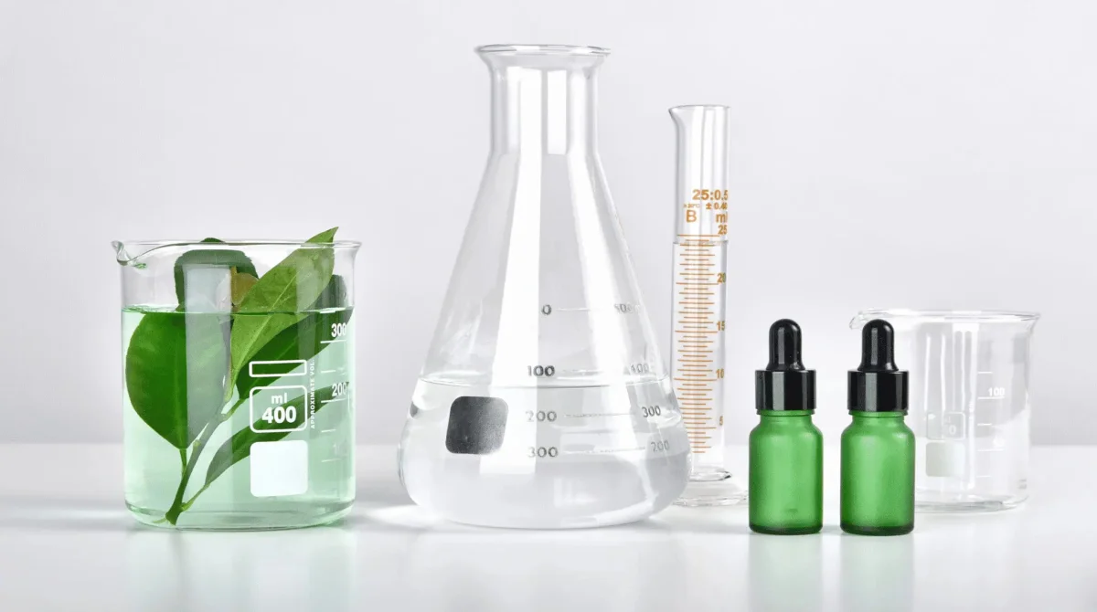 New EU Ban Takes Effect: These Cosmetic Products Are Disappearing 2 A Clean Laboratory Setup Featuring A Glass Beaker With Fresh Green Leaves In Botanical Solution, An Erlenmeyer Flask, A Graduated Cylinder, Two Green Dropper Bottles, And An Empty Measuring Beaker On A White Surface — Representing The Scientific Formulation And Ingredient Testing Process Behind Eu Ban Compliance In The Cosmetics And Skincare Industry.